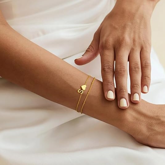 Christmas Gifts for Grandkids Teens Girls -14K-Gold-Plated Heart Initial Bracelets for Women Girl Dainty Gold Bracelets Birthday Gift Stocking Stuffers for Women Teenage Girls Kids Gifts