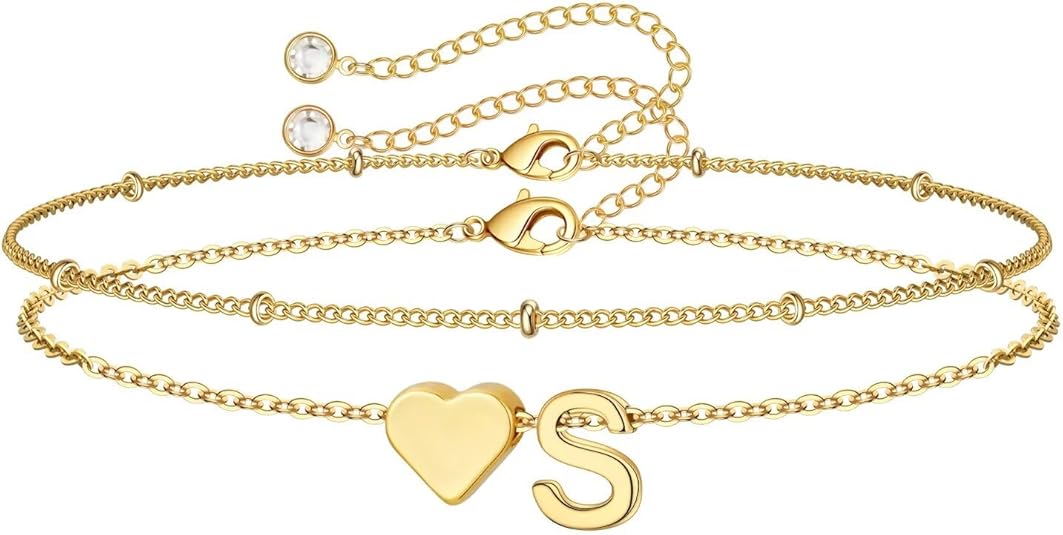 Christmas Gifts for Grandkids Teens Girls -14K-Gold-Plated Heart Initial Bracelets for Women Girl Dainty Gold Bracelets Birthday Gift Stocking Stuffers for Women Teenage Girls Kids Gifts