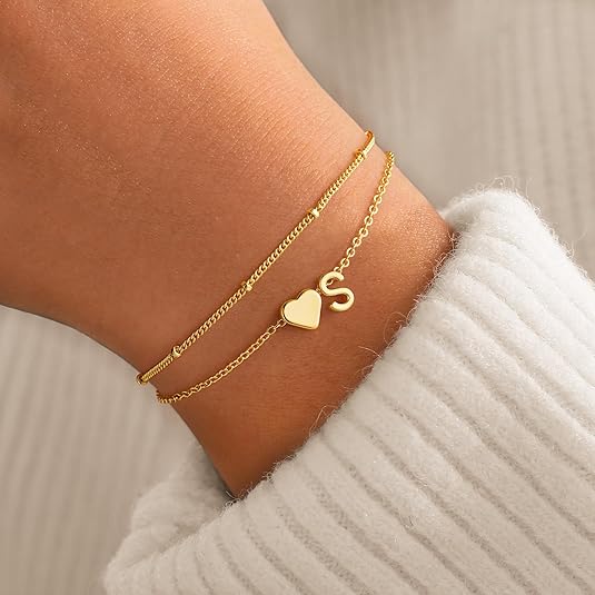 Christmas Gifts for Grandkids Teens Girls -14K-Gold-Plated Heart Initial Bracelets for Women Girl Dainty Gold Bracelets Birthday Gift Stocking Stuffers for Women Teenage Girls Kids Gifts