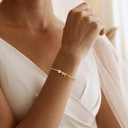 Stocking Stuffers for Teen Girls Women - Dainty Gold Initial Beaded Bracelets for Women Trendy, Charm Letter A-Z Personalized Bracelet Jewelry Kids Christmas Gifts