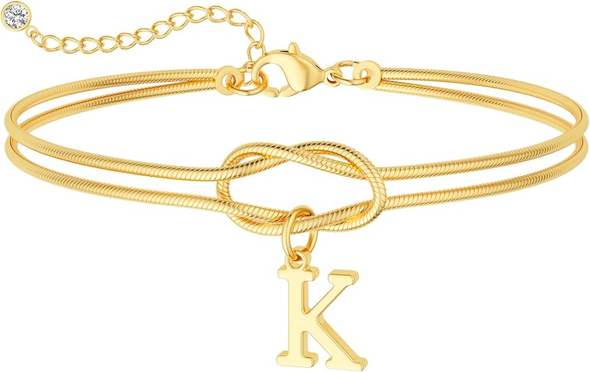 14K Gold Plated Couple Love Knot Initial Bracelets for Women Dainty Statement Letter Charm Bracelet Trendy Jewelry Cute Simple Fashion Chain Bracelets for Friends Gift