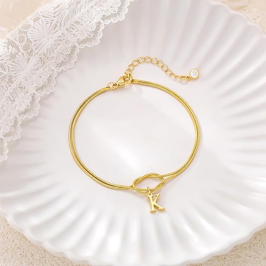 14K Gold Plated Couple Love Knot Initial Bracelets for Women Dainty Statement Letter Charm Bracelet Trendy Jewelry Cute Simple Fashion Chain Bracelets for Friends Gift