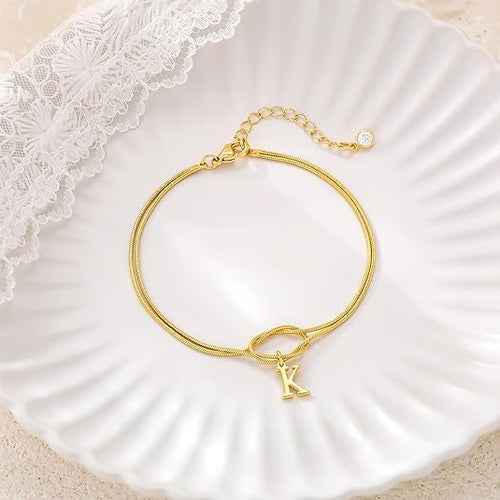 14K Gold Plated Couple Love Knot Initial Bracelets for Women Dainty Statement Letter Charm Bracelet Trendy Jewelry Cute Simple Fashion Chain Bracelets for Friends Gift