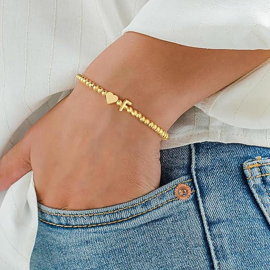 Stocking Stuffers for Teen Girls Women - Dainty Gold Initial Beaded Bracelets for Women Trendy, Charm Letter A-Z Personalized Bracelet Jewelry Kids Christmas Gifts